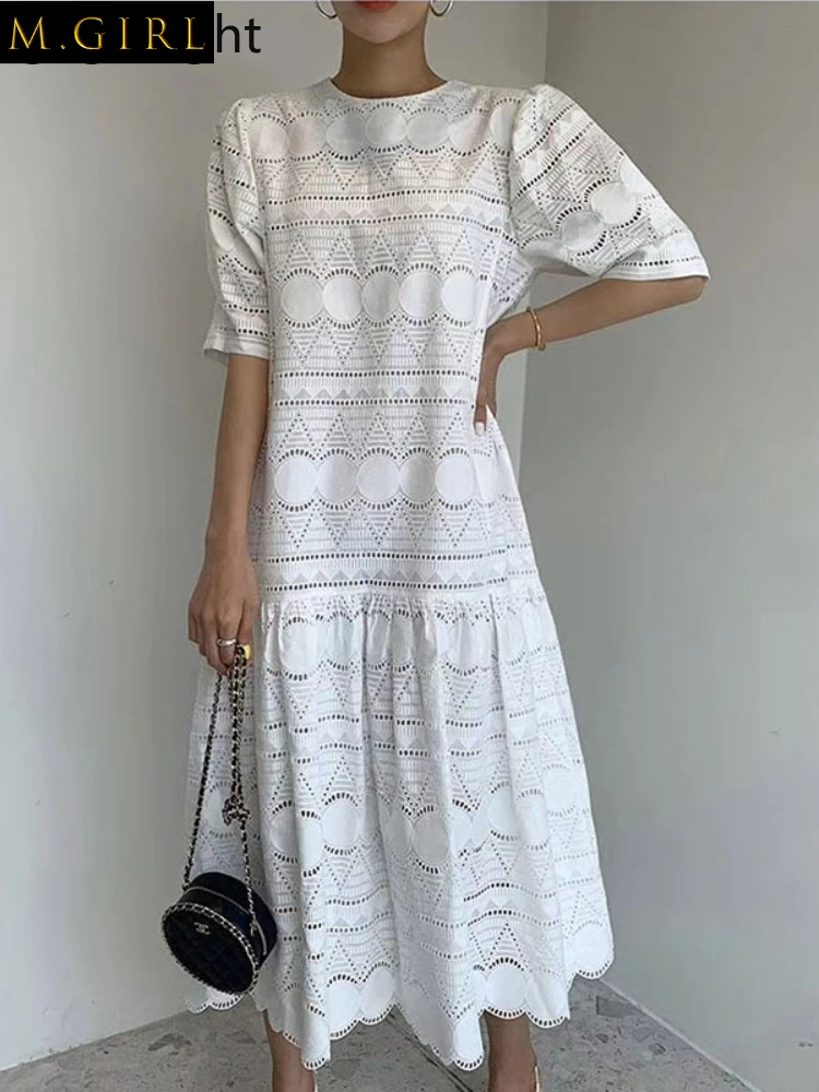 

Gaganight Women White O neck Lace Hollow Hook Flower Dress 2022 Korean Chic French Elegant Waist Thin Solid Color Long Dresses