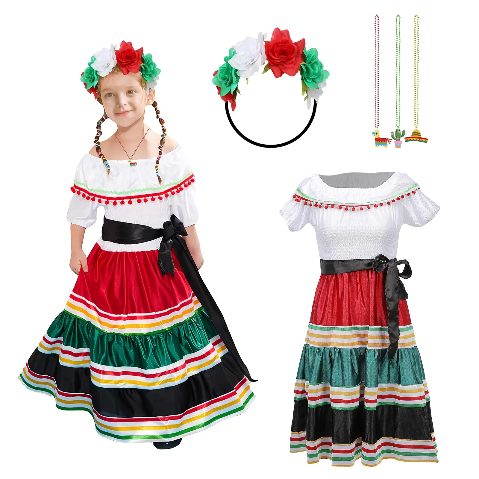 Фото Мексиканское платье для девочек, платья Cinco De Mayo, традиционная танцевальная юбка Folklorico, праздничный костюм, комплект мексиканского платья Fiesta №1