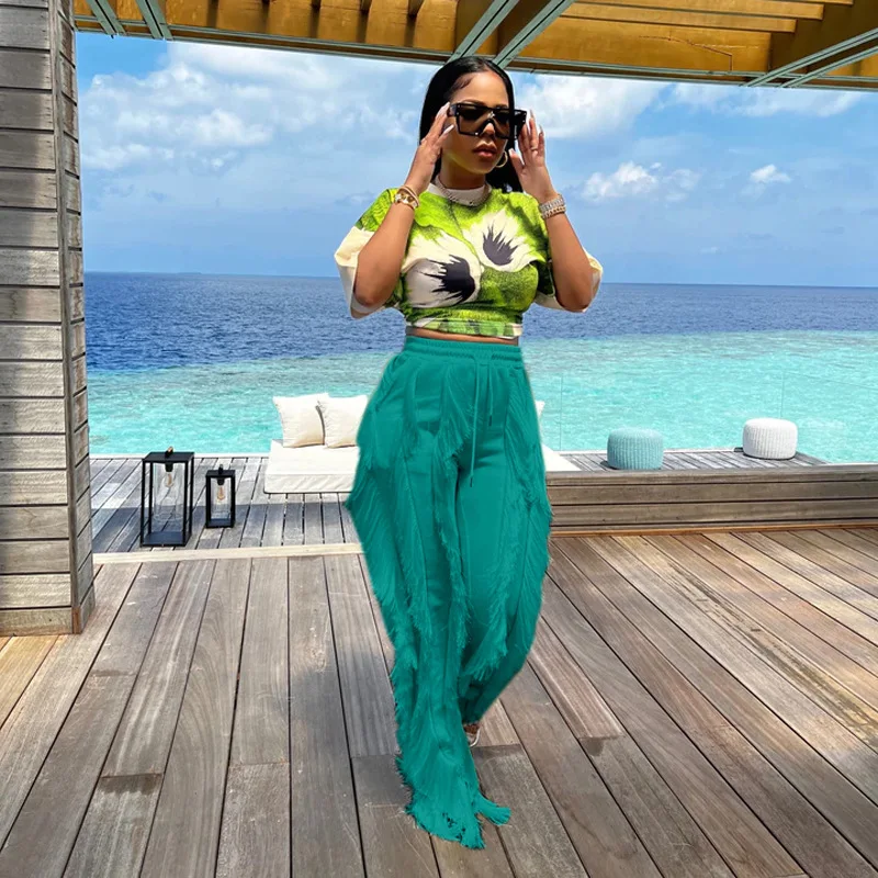 

Wishyear 2022 High Waist Wide Leg Pants Comfy Trousers Drawstring Fringe Pants Fashion Casual Bottoms for Women