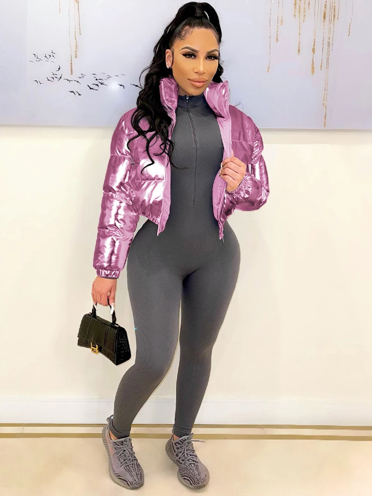 Woman Streetwear Stand Collar Long Sleeve Warm Overcoat Bright Bubble Short Parka Autumn Winter Cotton-padded Puffer Crop Jacket