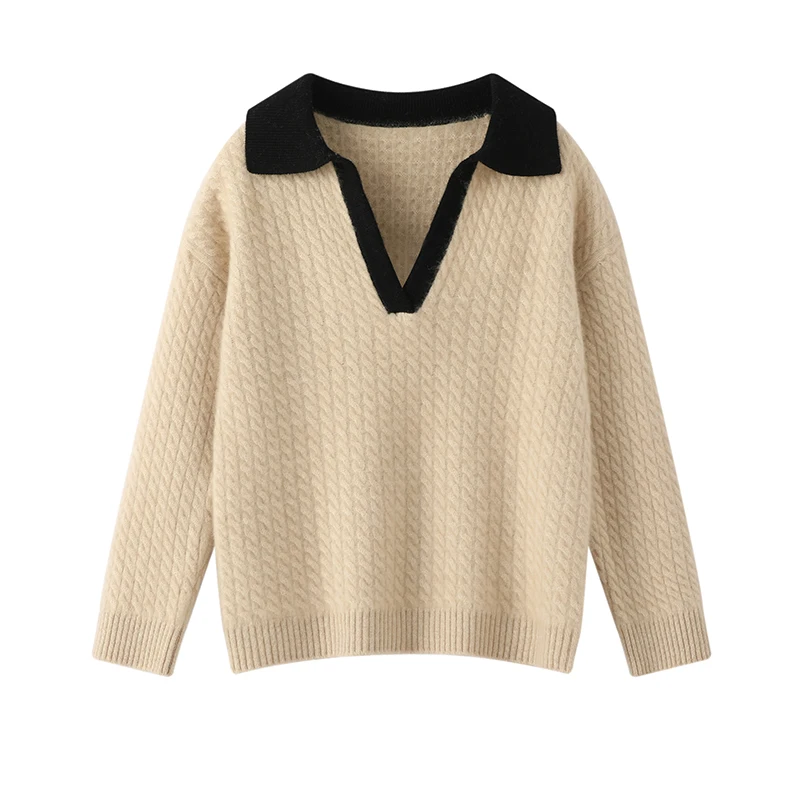 Пуловер с V-образным вырезом Женский свитер из 100 шерсти однотонный вязаный