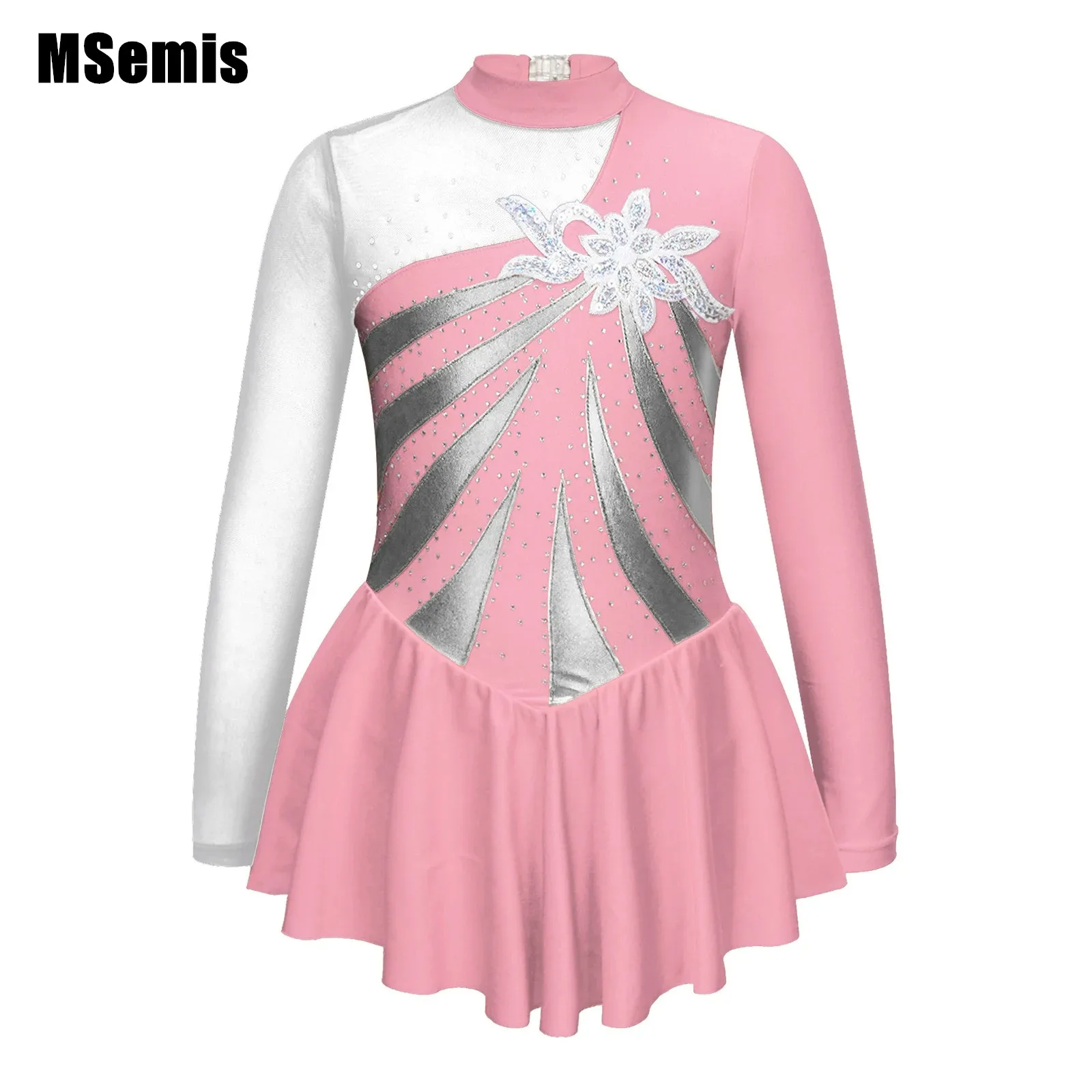 

Kids Girls Sequins Floral Dance Dress Hollow Back Decorated Skating Stylish Clothing Long Sleeve Round Collar Shiny Rhinestone