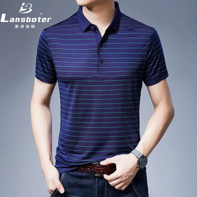 

Шелковая мужская футболка с коротким рукавом, Новинка лета 2021, футболка для мужчин среднего и молодого возраста с полосатым ледяным шелковым лацканом и рукавом до локтя