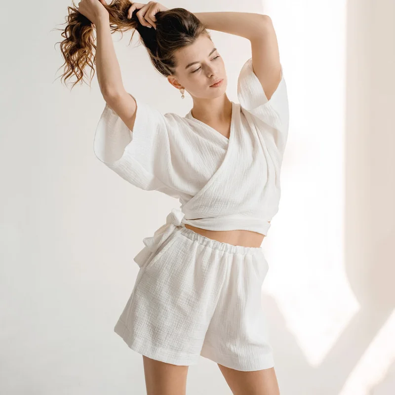 Summer Cotton Women Pajama Short Sleeve Wrap Around Short Shorts Sleepwear 2 Piece Set Double Yarn Fashion Women's Home Clothes