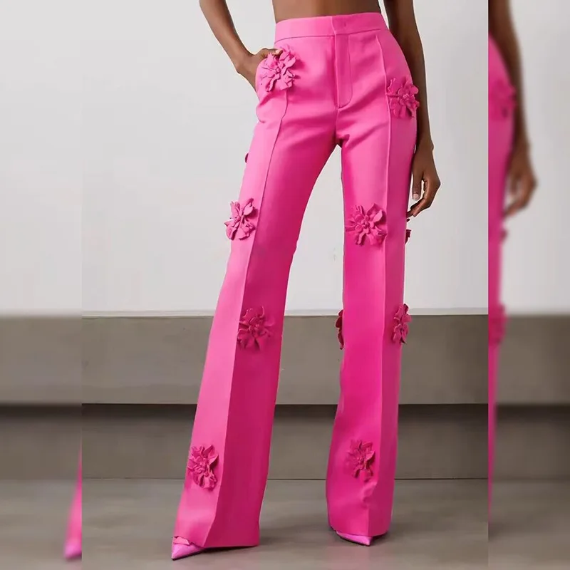 2023 New Fashion European And American Stars Fashion Heavy Industry 3d Flower Decoration Micro La Long Pants Women's Suit Pants