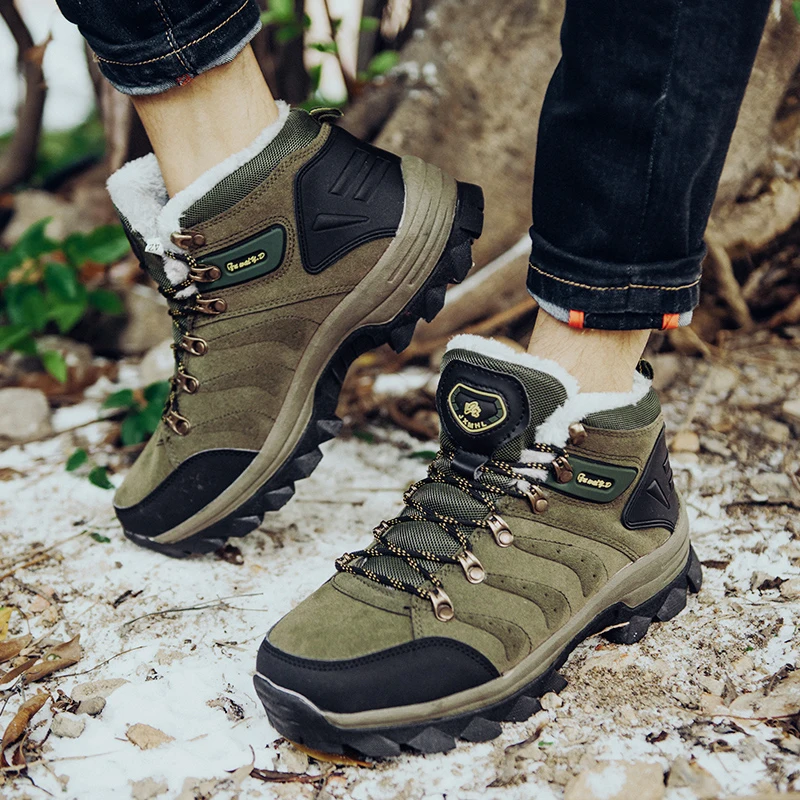 New Warm Fur Leather Hiking Boots Mens Womens Winter Outdoor Non Slip Hunting Boot Snow Boots Male Trekking