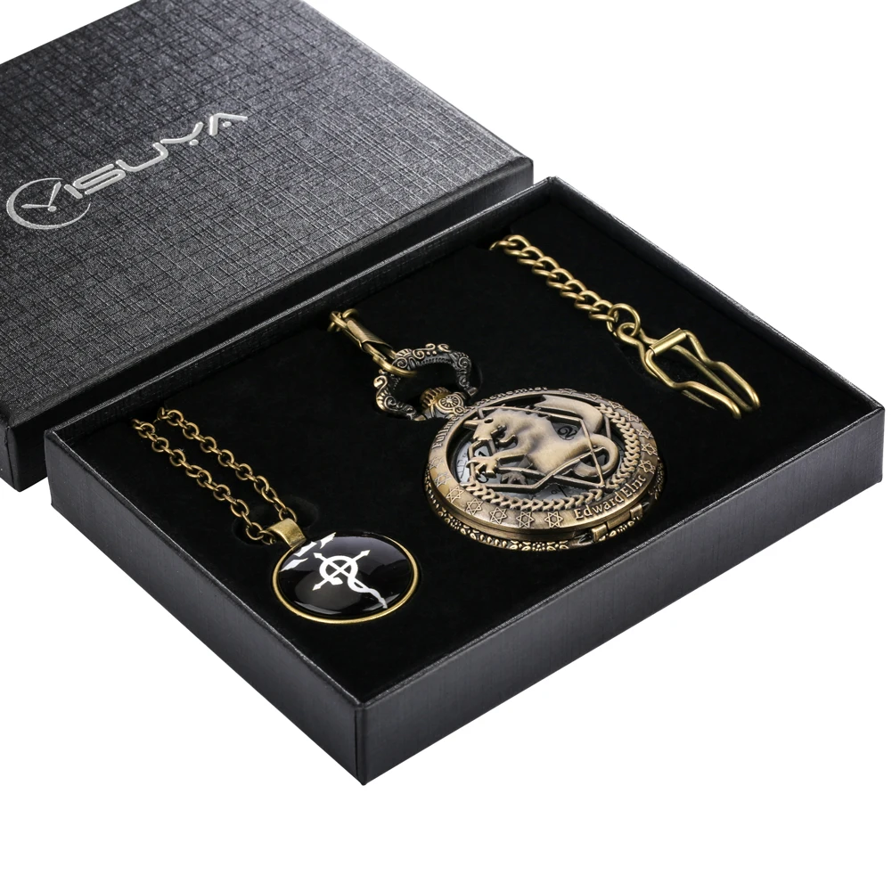 Bronze Pocket Watch Necklace Hollow Tone Fullmetal Pocket Watch Gifts Sets for Male Anime Cosplay Pendant Clock Relógio De Bolso