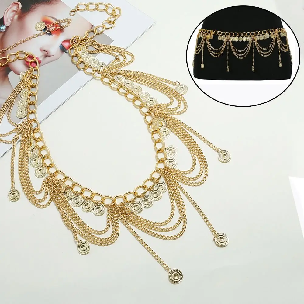 

Элегантный Повседневный Пояс для тела с кристаллами, металлическая цепочка, пояс с подвеской в виде монеты и кисточки, пояс для похудения