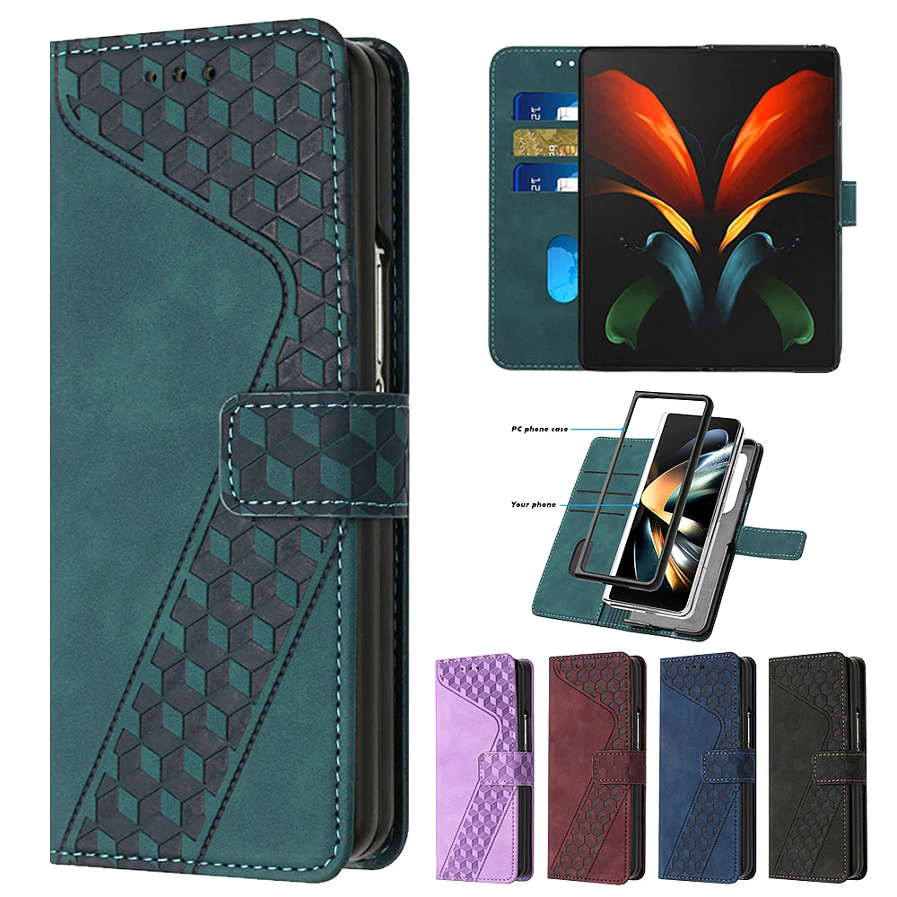 Wallet Case for Samsung Galaxy Z Fold 3 Embossed 3D Geometric PU Leather Flip Cover Funda for Galaxy Z Fold 4