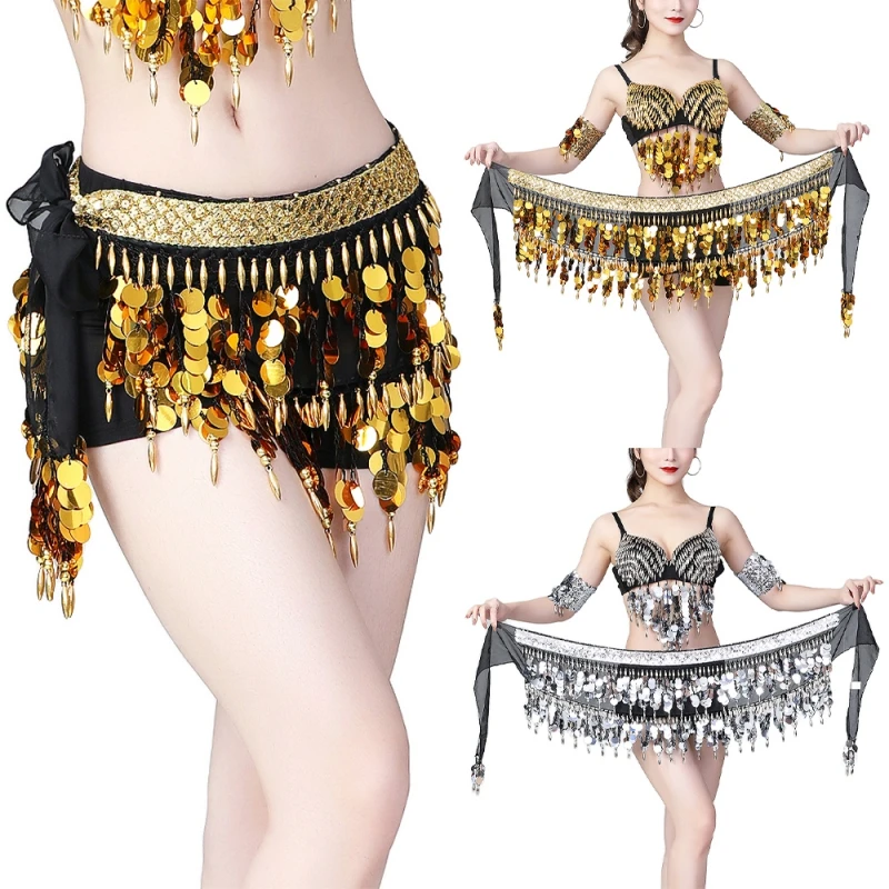 Women Belly Dance Hip Scarf Accessories 3 Row Belt Skirt With Gold bellydance Tone Coins Waist Chain Wrap Adult Dance Wear
