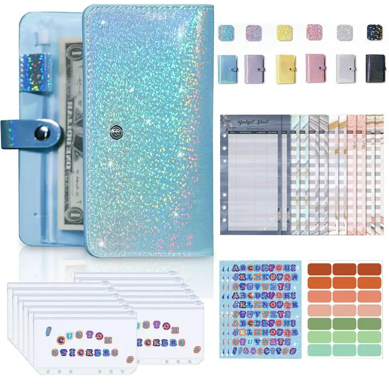 

A6 Glitter Waterproof PVC Binder Budget Envelope Planner Organizer With Zipper Pockets Expense Budget Sheets