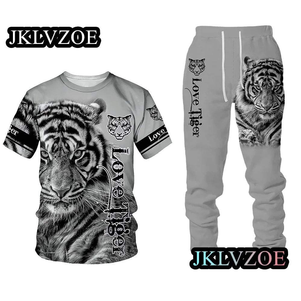 2023 Summer Men's T-Shirt Trousers Set Fashion Tiger Print Tracksuit 2 Pieces Casual Men Clothing Oversized Streetwear Outfits