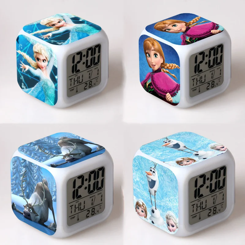 Frozen 2 Elsa Anna Anime Figures Led Colorful Luminous Alarm Clock For Bedrooms Kids Birthday Gifts