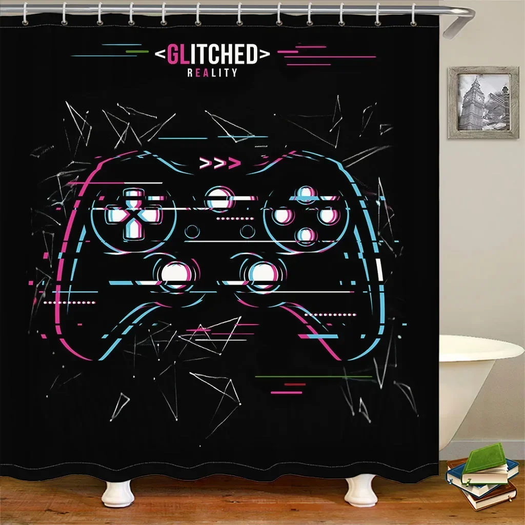 

New 3D Black Dazzling Gamepad Polyester Shower Curtain Set for Boys Childern Bathroom Bath Waterproof Fabric with 12 Hooks Deor