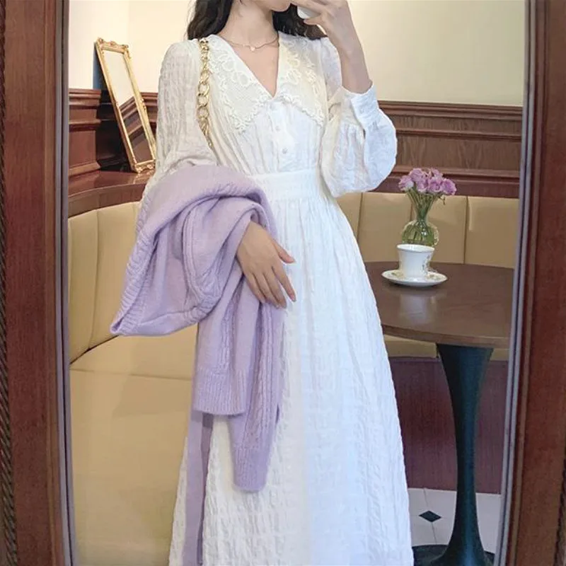 

Женское платье с длинным рукавом, элегантное белое платье средней длины в Корейском стиле для офиса, винтажное платье для вечеринки во фран...