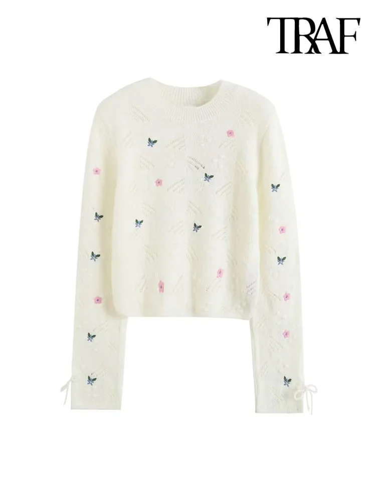 

Women Fashion Floral Embroidery Crop Knit Sweater Vintage Long Sleeve With Tied Female Pullovers Chic Tops