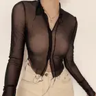 Кроп-Топ женский сетчатый с V-образным вырезом и длинным рукавом