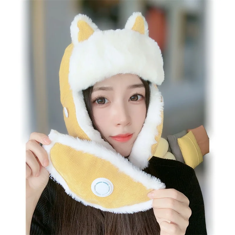 

Women Keep Warm Earmuffs Thicken Ear-flapped Hat Winter Cold-proof Warm Cotton Hat Cat Ears Cap Winter Russian Hat With Mask