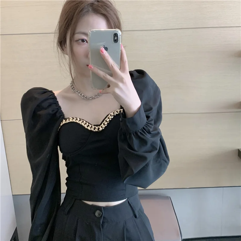 

Осенняя женская черно-белая блузка, сексуальные короткие топы с квадратным воротником и длинным рукавом-фонариком, женская элегантная вече...