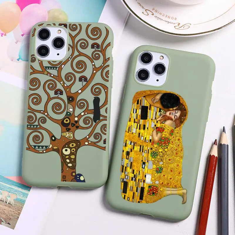 

Kiss By Gustav Klimt Tree of Life Phone Case For iphone 13 12 11 Pro Max Mini XS 8 7 6 6S Plus X SE 2020 XR Candy green Silicone