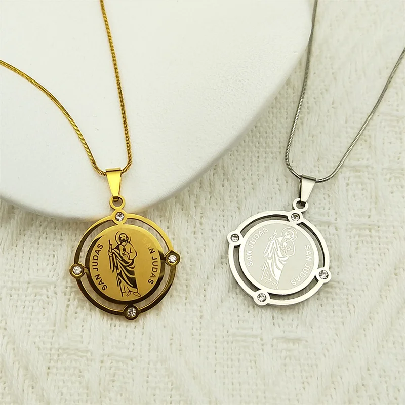 Фото San Judas Tadeo ожерелье с подвеской из нержавеющей стали для мужчин и женщин со стразами Saint Jude Thaddeus религиозная цепочка ожерелье ювелирные изделия №5