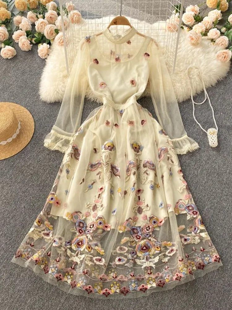 

Summer Runway Embroidery Flower Dress Women Clothing See Through Long Petal Sleeve Beige Mesh Tulles Elegant Midi Party Vestidos