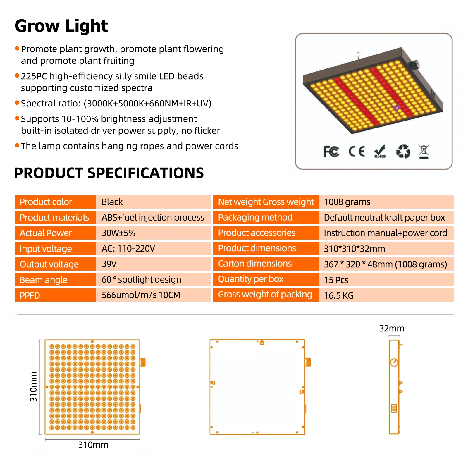Фото Светодиодная фитолампа 225 LED, полный спектр, диммируемая, Quantum Board, 30 Вт, для гроубокса, для комнатных растений, рассады, цветов и овощей №3