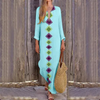 2023 New Arrival Women Summer Dresses Casual Boho Print Long Dresses Deep V Neck Swing Long Sleeves Maxi Dress летнее платье 1