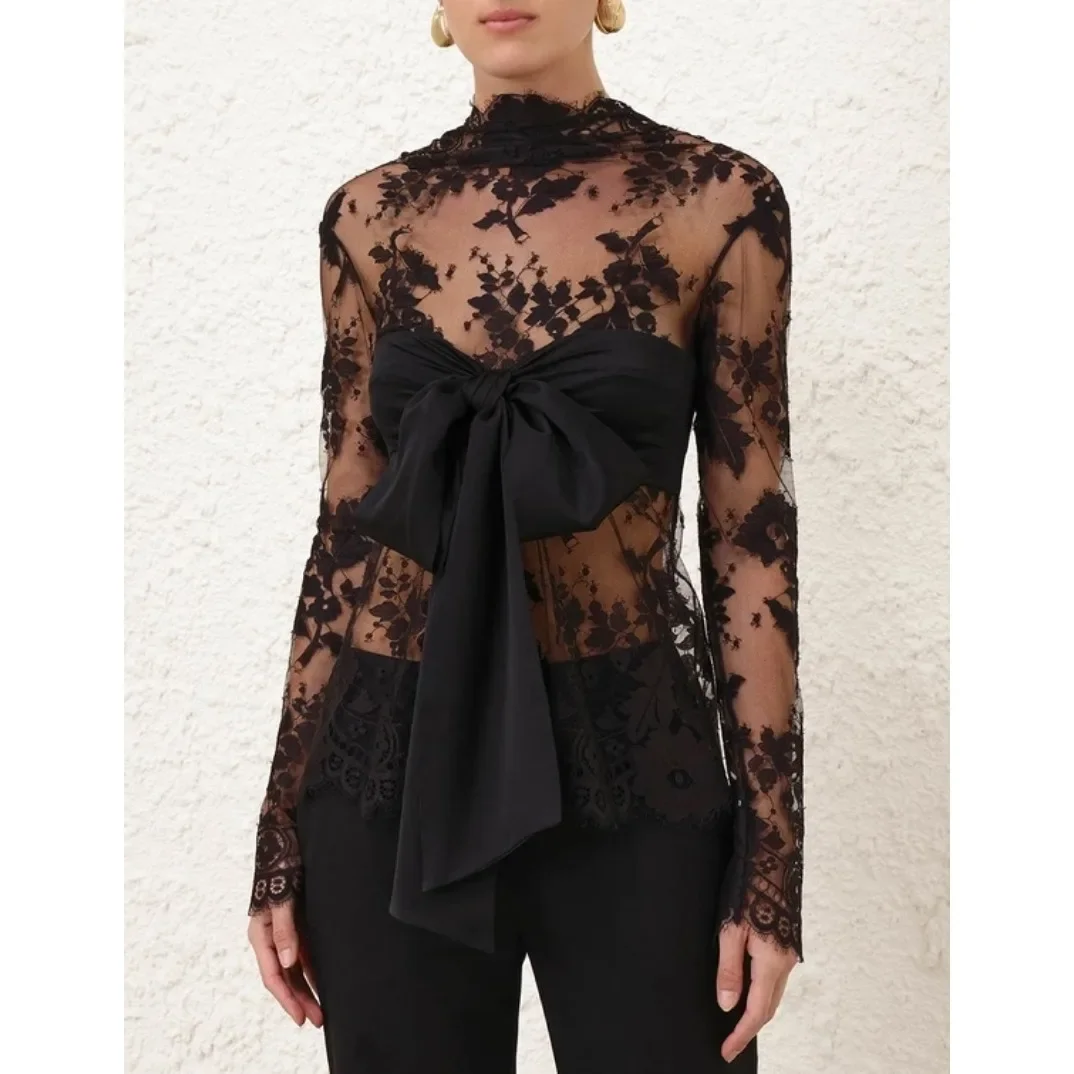 Новинка 2024 осенняя прозрачная блузка с шелковым бантом и длинными рукавами на