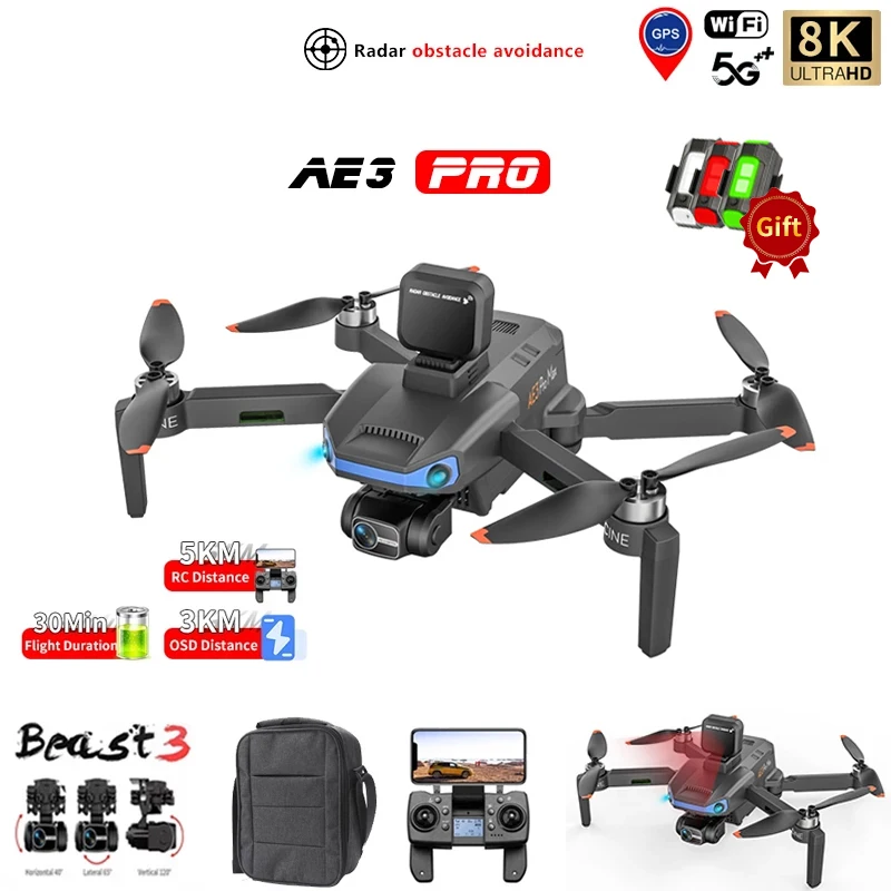 

AE3 PRO Max GPS Drone 4K Dual Camera 3 Axis Gimbal Professional Aerial Radar Obstacle Avoidance 5G Wifi FPV Quadcopter Gift Toy