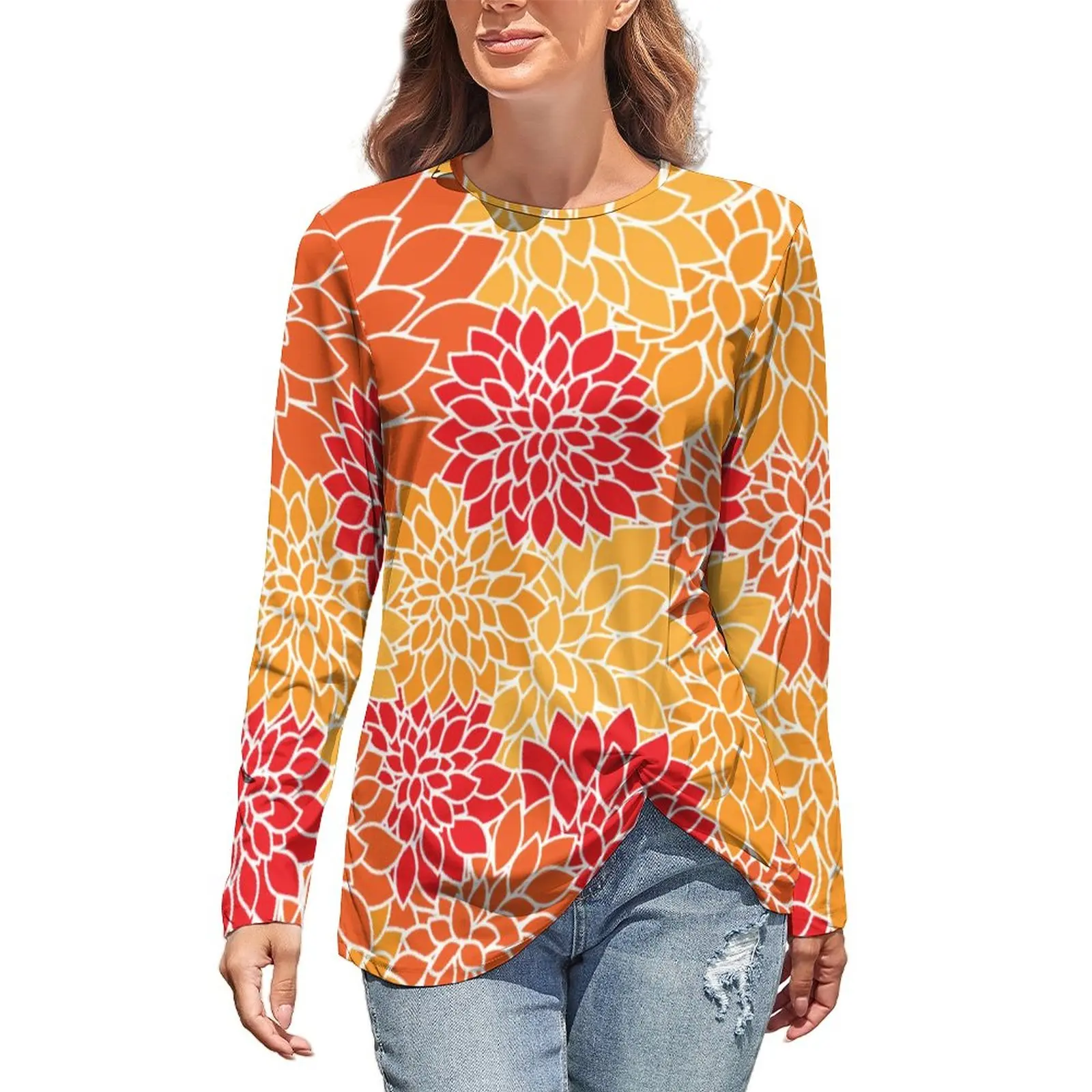 

Bright Flowers T Shirts Retro Floral Print Funny T-Shirt Spring Long-Sleeve Street Fashion Tshirt Oversized Printed Clothes