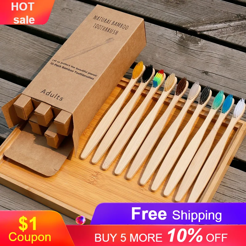 

Sdattor 10pcs Random Color Bamboo Toothbrush Eco-Friendly Natural Wooden Tooth Brush Soft Bristle Tip Charcoal Adults Oral Care