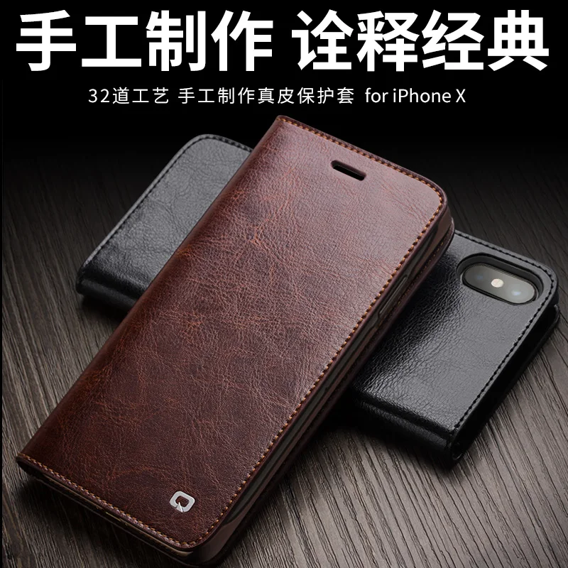 New Real cow skin business cover for iphoneX Luxury flip genuine leather cowhide retro wallet case iphone X Qialino brand