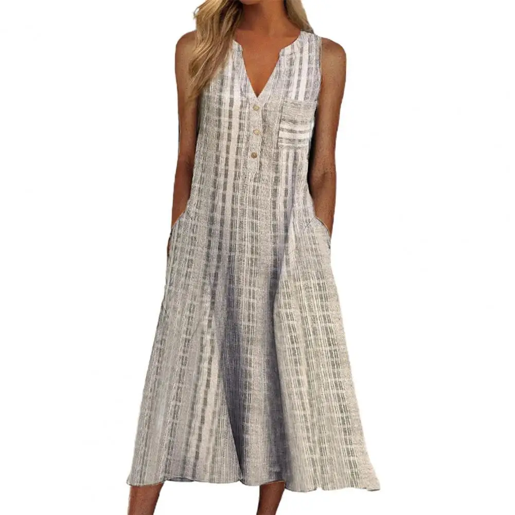 

Chic Summer Dress V Neck Streetwear Ladies Dress Casual Dress With Pocket