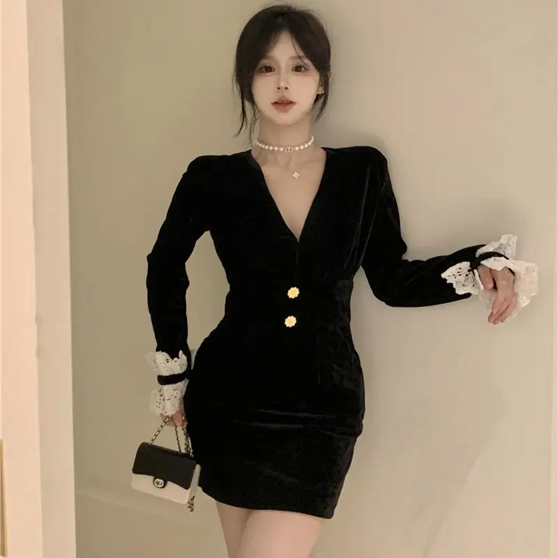 

2022 Korean Design Velvet Lace Splicing Slim Waist Knit Elegant Dresses For Women Free Shipping