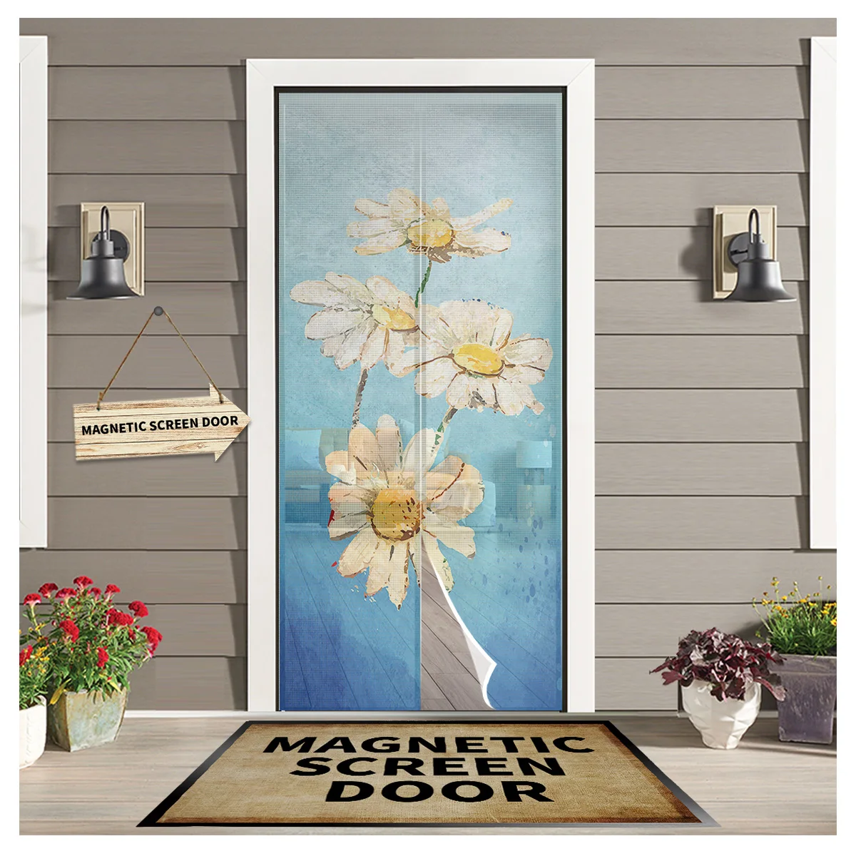 

Daisy Flower Oil Painting Kitchen Door Curtain Tool-free Magnetic Screen Insect-proof Door Curtain Mesh Bedroom Hanging Curtain
