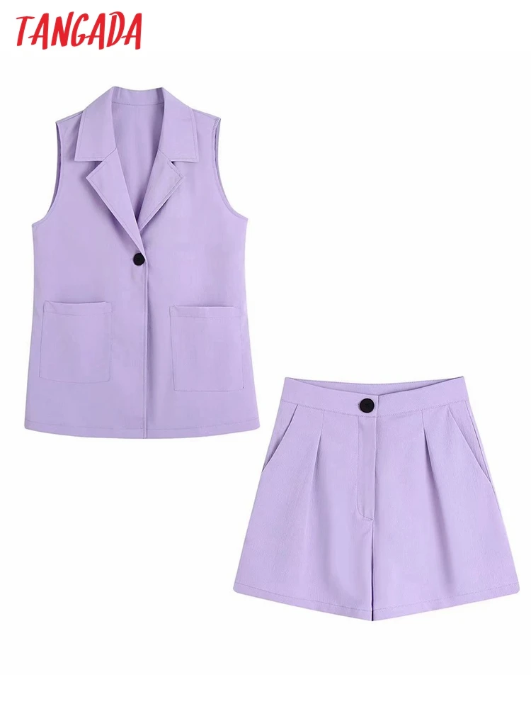 

Tangada Women's Set Purple Waistcoat Shorts Suit Skirt Set 2022 Fashion Suit 2 Piece Set CE137