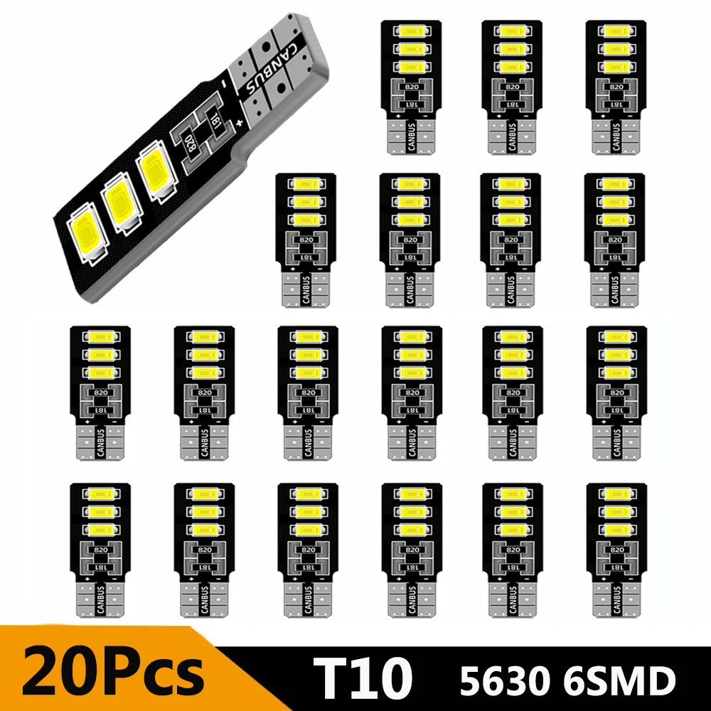 

10/20Pcs W5W T10 Led Bulbs Canbus 5630 6SMD 12V 6000K 194 168 LED Car Interior Dome Reading License Plate Light Signal Lamp