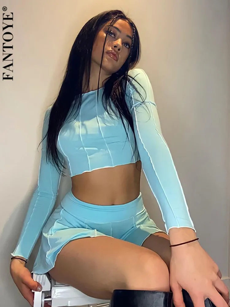 

Fantoye Casual Round Neck Women Two Piece Sets Blue Long Sleeve Top High Waist Skirt Women Spring Skinny Fashion Streetwear 2022