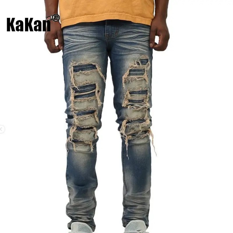 Kakan - New European and American Distressed and Worn Patch Jeans for Men, Slim Fitting Stretch Trendy Long Jeans K013-629
