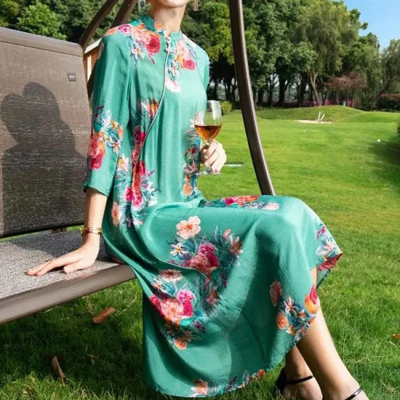 Женское длинное шелковое платье-Ципао элегантное свободное зеленое