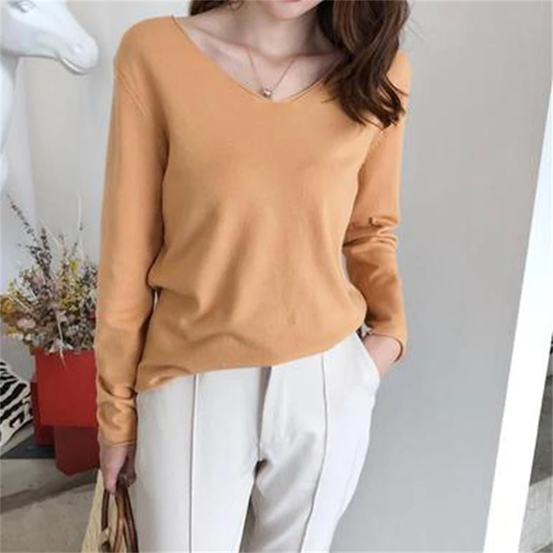 

Autumn Winter Women Solid Knitted V Neck Sweater Femme harajuku Y2k Long Sleeve Sweaters Pullover bottoming Tops Fashion Clothes
