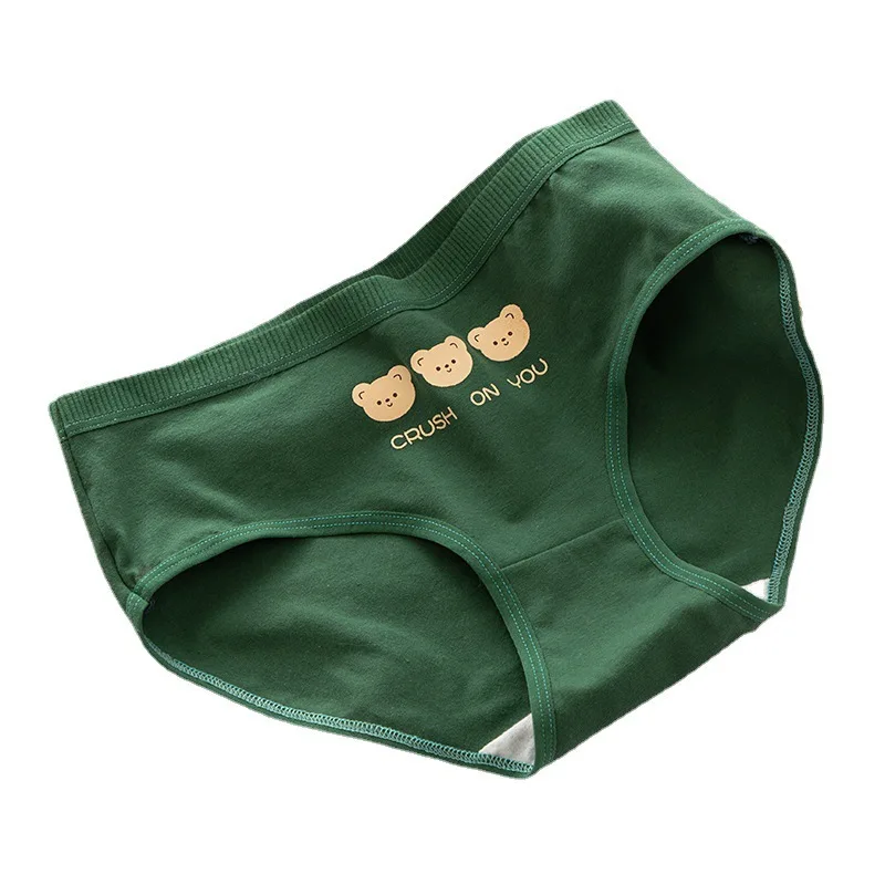 6 pieces of Cute bear novel green girl underwear pure cotton crotch middle waist cute cartoon student underwear