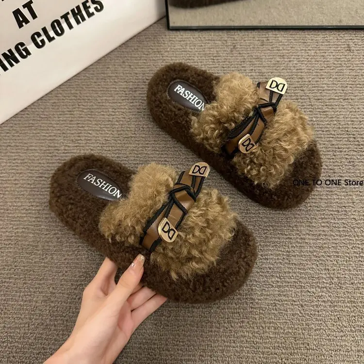 Обувь Женские тапочки на платформе из флока с мехом Шлепанцы средним носком