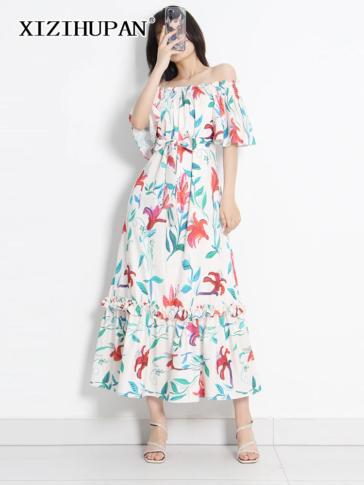 

XIZIHUPAN Print Colorblock Dress For Women Slash Neck Short Sleeve Patchwork Bowknot High Waist Midi Dresses Female 2022 Summer