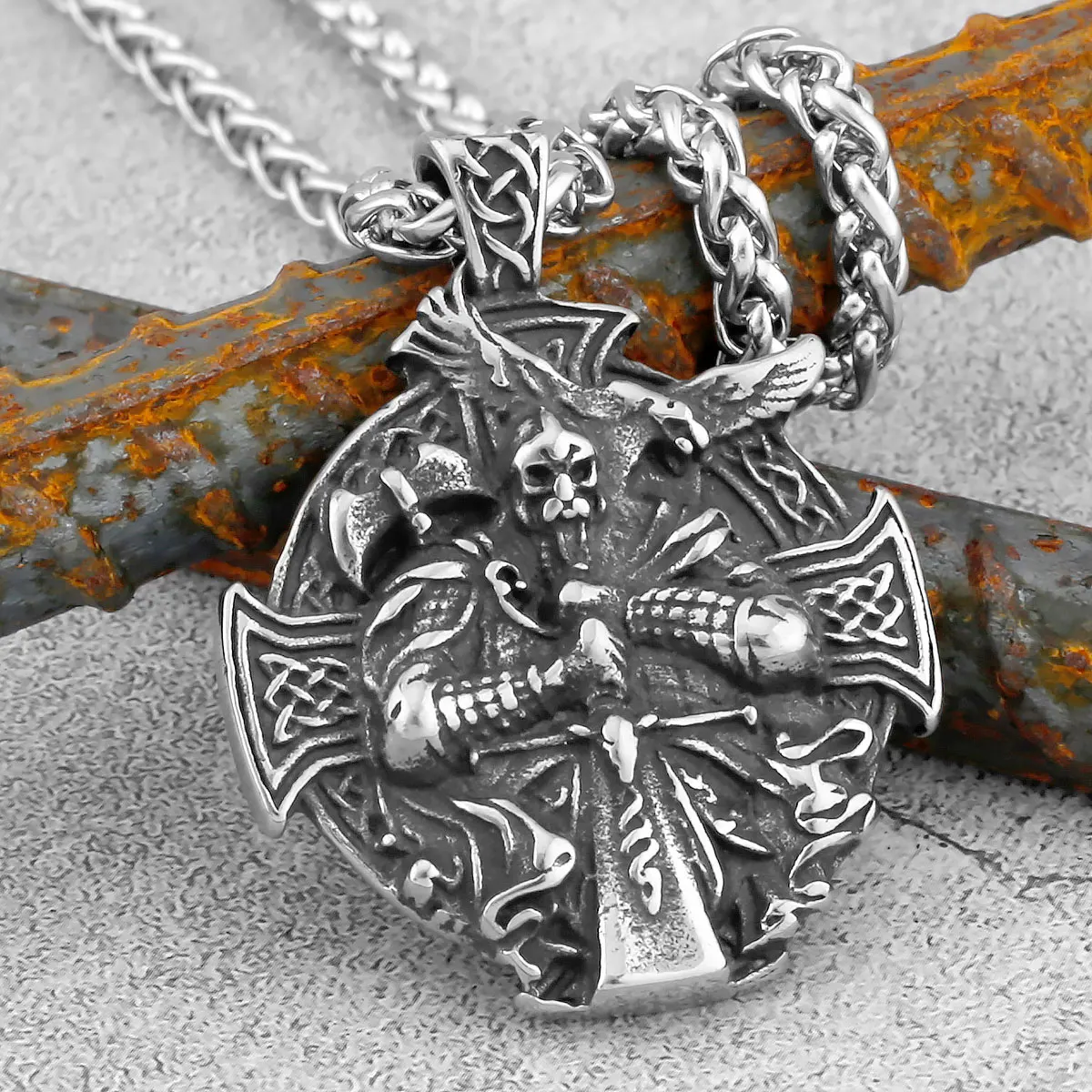 

Punk Men Stainless steel Viking Odin Anchor Necklace Norse Amulet Pendant knight Cross Crow Metal Chain Male Charms Jewelry Gift