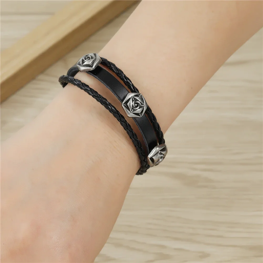 Классический черный кожаный браслет регулируемый размер розовый для мужчин