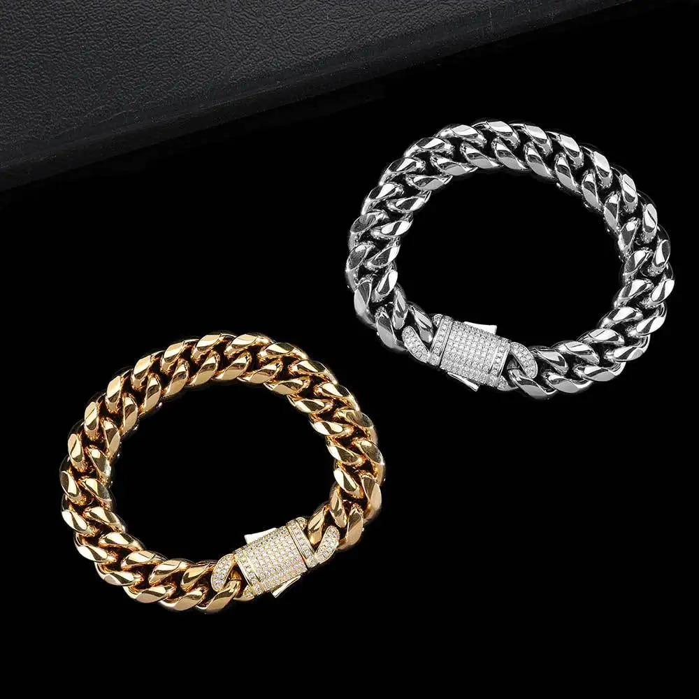 Zircon Spring Buckle Hip Hop Bracelet for Men Women Stainless Steel Cuban Chain Titanium Steel Men's Bracelet Jewelry Gifts