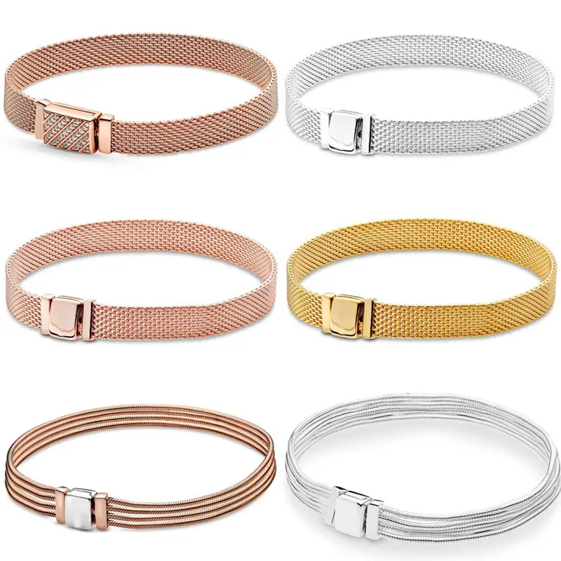 

Original Rose Gold Woven Mesh Reflexions Long Clasp Bracelet Fit Fashion 925 Sterling Silver Bangle Bead Charm DIY Jewelry