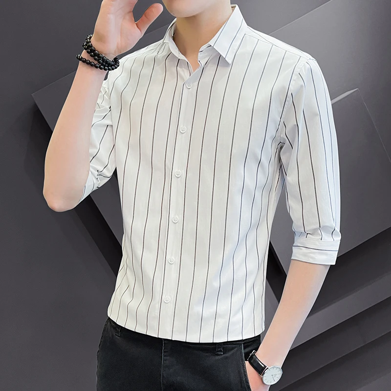 Mid Sleeve Men's Shirts Fashion Striped Casual Shirts Lapel Button Shirts